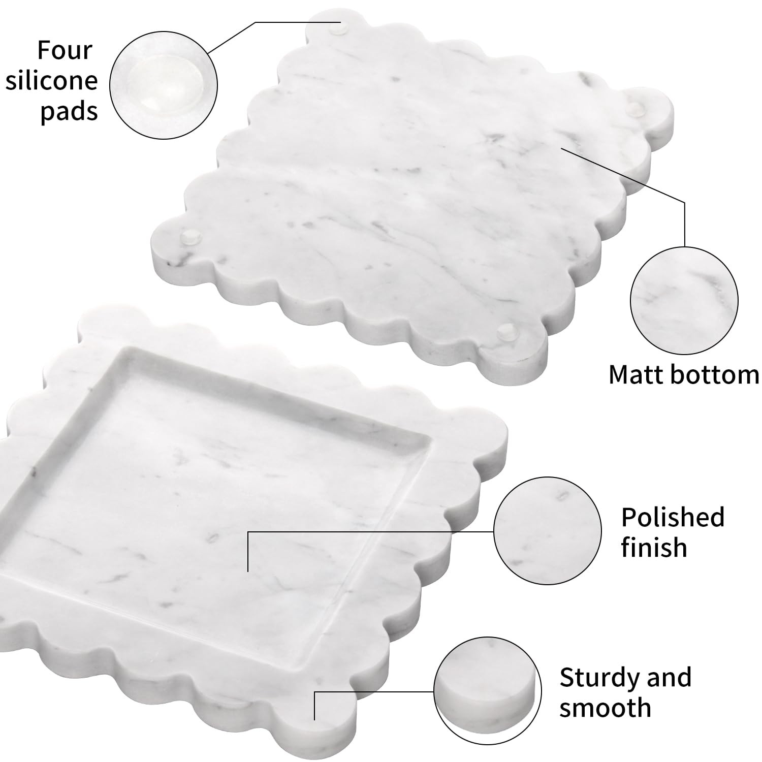Square Marble Decorative Tray Scalloped Edge Natural Italian Stone 8×8