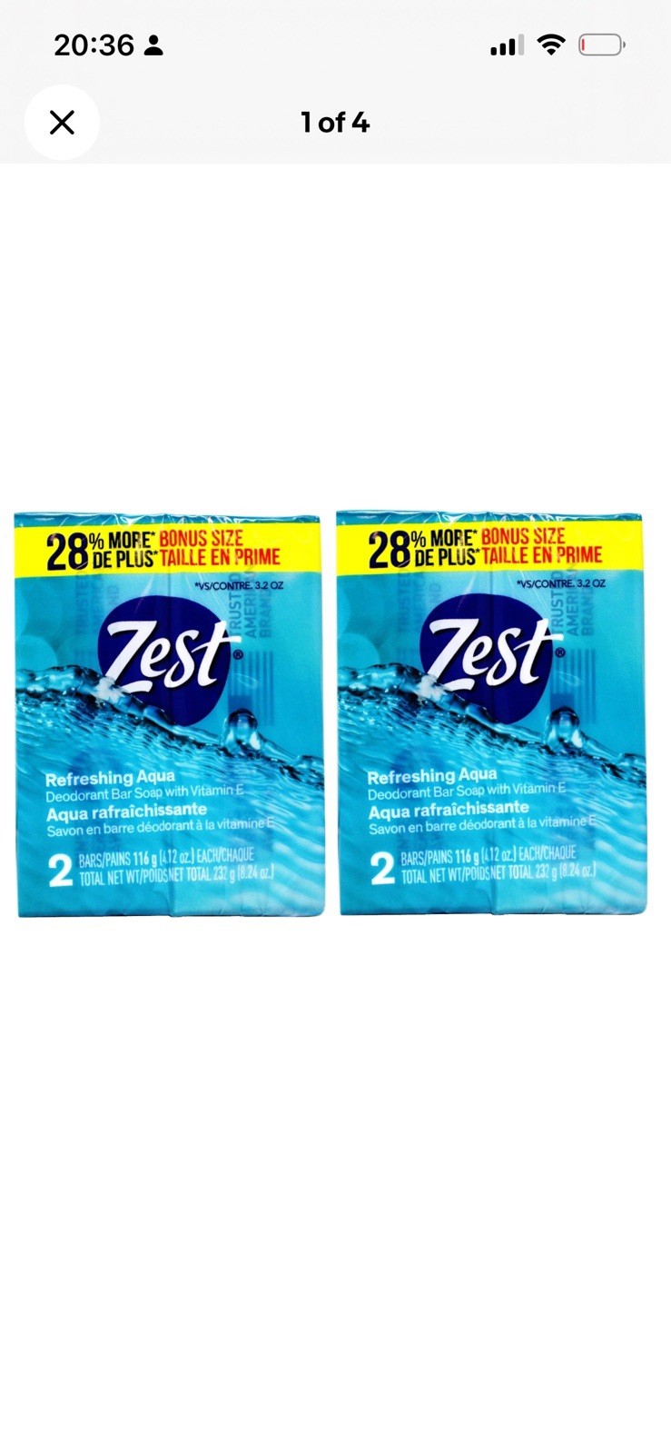 (4 pack) Zest Deodorant Bar Soap, Hydrating Moisture, Aqua, 4 oz, 8 Bars,