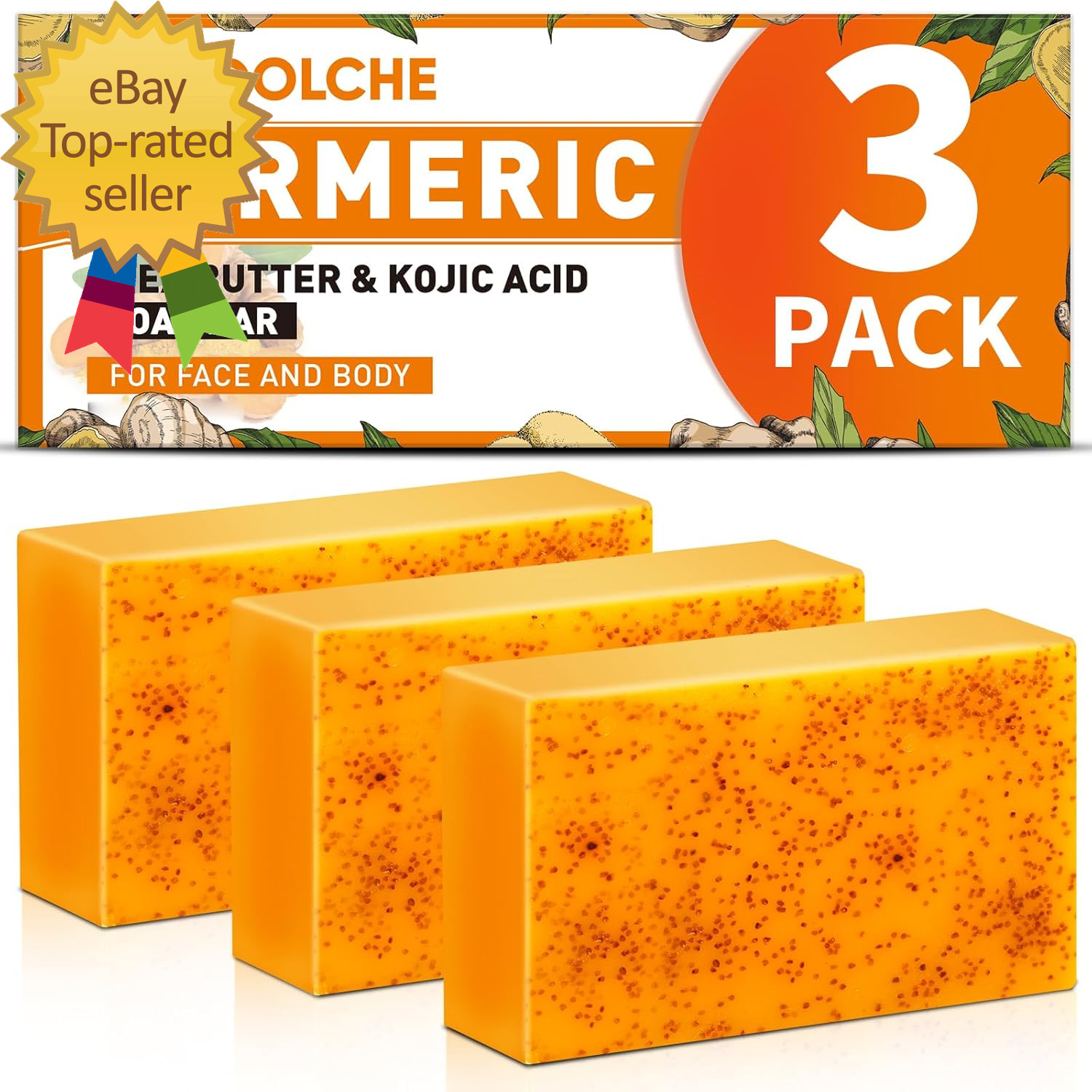 3 Pack Turmeric Kojic Acid Soap Bars – Infused with Retinol, Hydrolyzed Collagen
