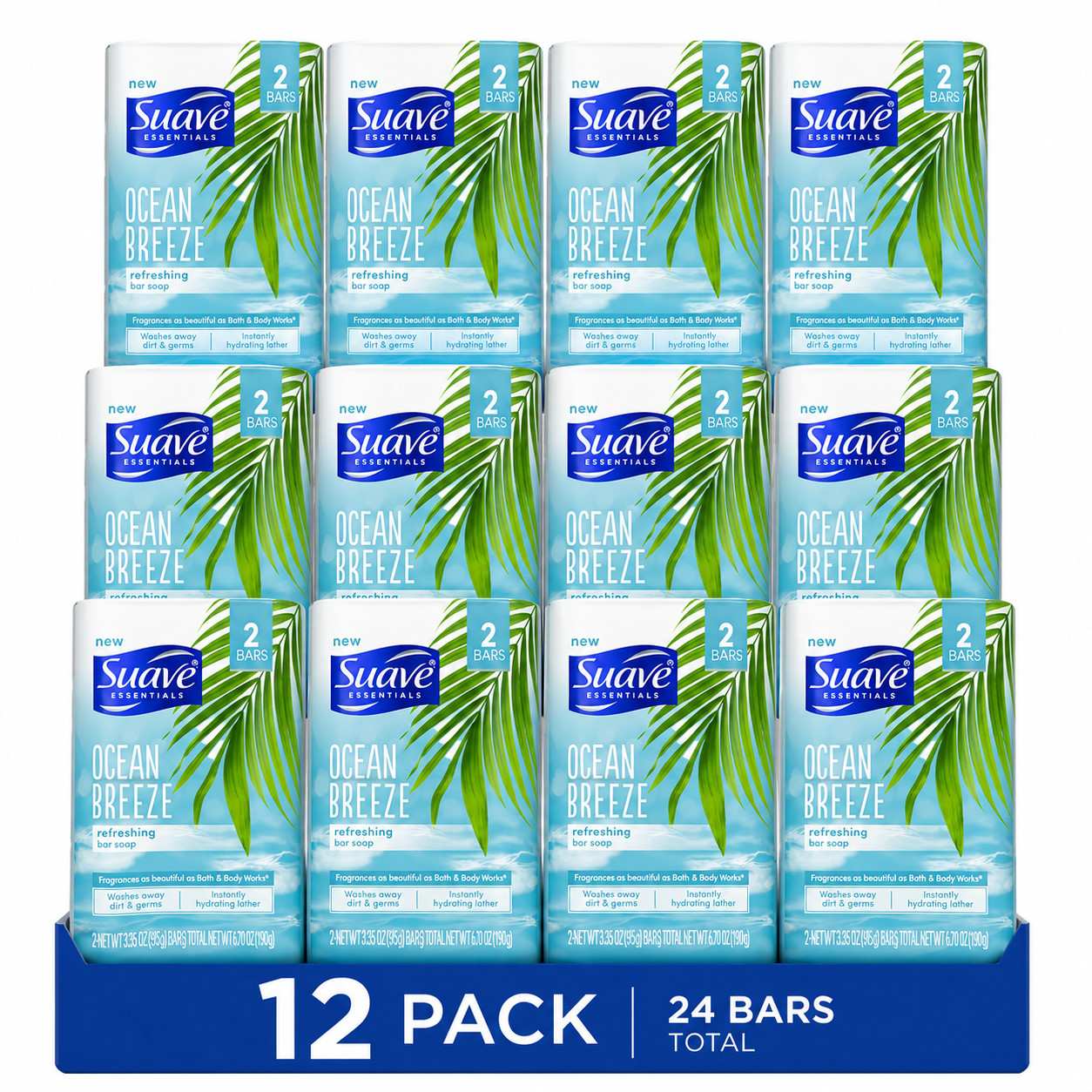 Suave Essentials Ocean Breeze Refreshing Bar Soap 12 Pack (24 Bars Total) 3.35 o