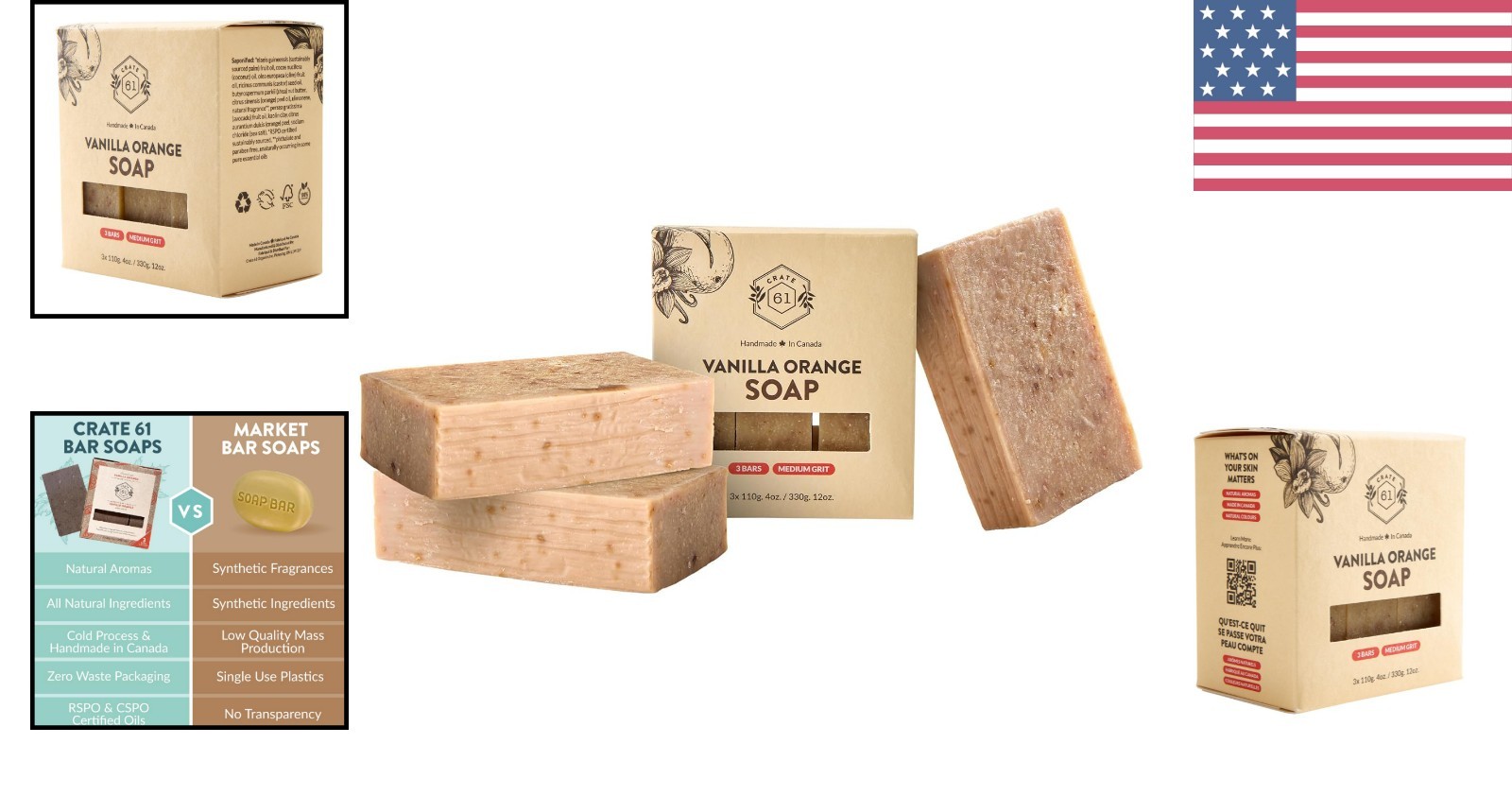 Luxurious Plant-Based Bar Soap – 3-Pack with Essential Oils, Vanilla Orange