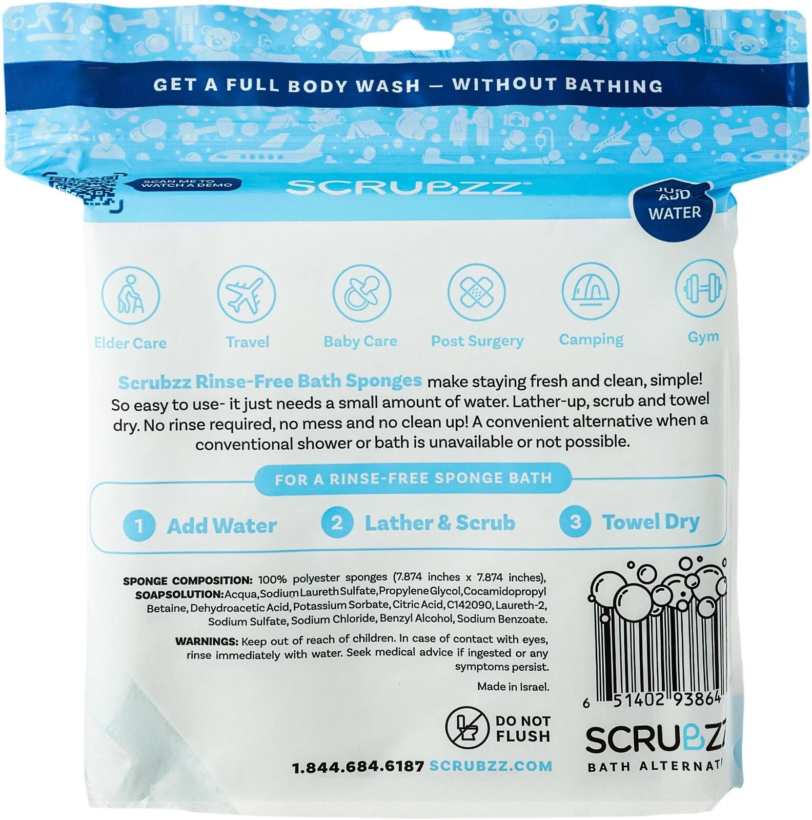 Scrubzz Disposable Rinse Free Bathing Sponges – Unscented, 50 Count