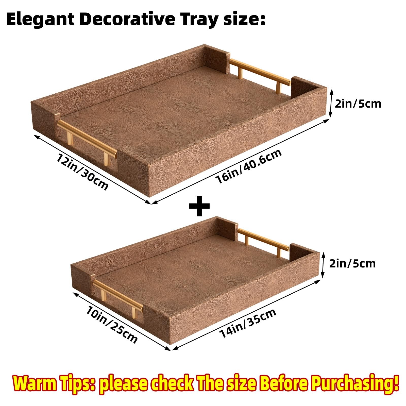 UPPER DECOR Set of 2 Decorative Tray Brown Shagreen Leather Tray, Modern Rectang