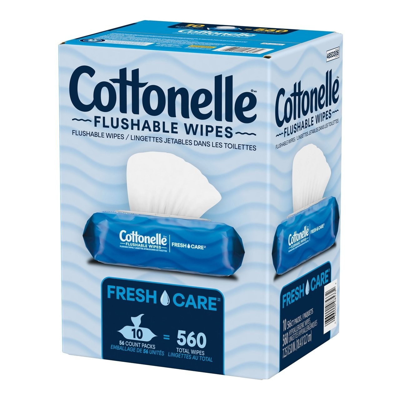 Cottonelle Freshcare Flushable Wipes, 10ct, 560 wipes.