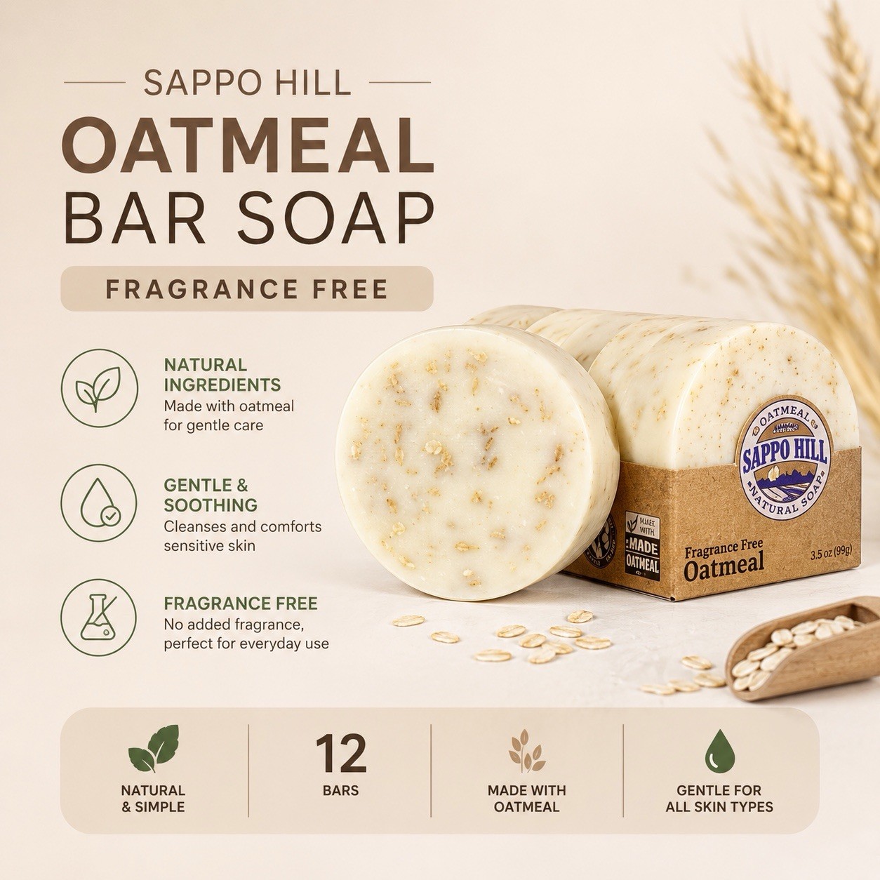 Sappo Hill Oatmeal Bar Soap 3.5 oz Natural Fragrance Free – 12 Pack