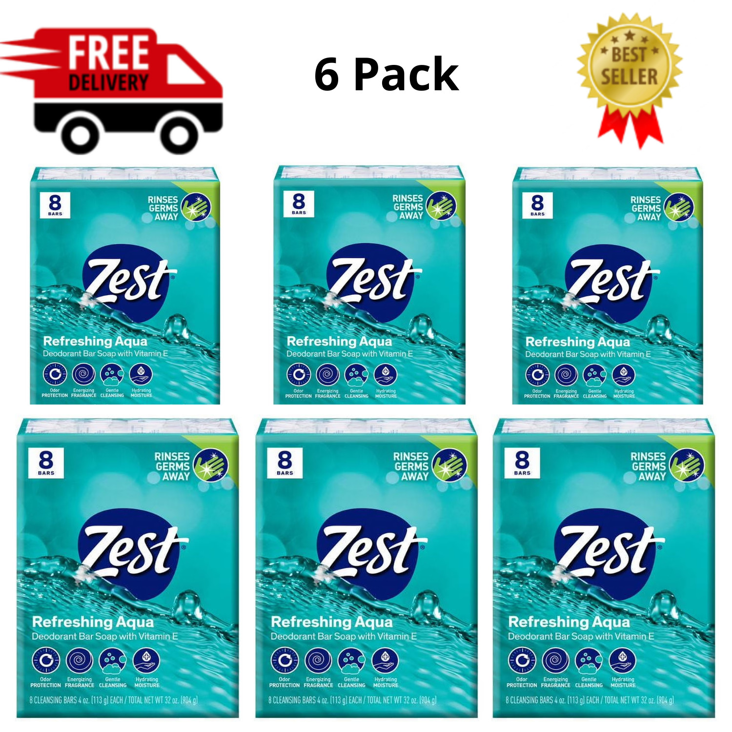 6Pk Zest Deodorant Bar Soap Hydrating Moisture for All Skin Types Aqua 4oz 8 Bar