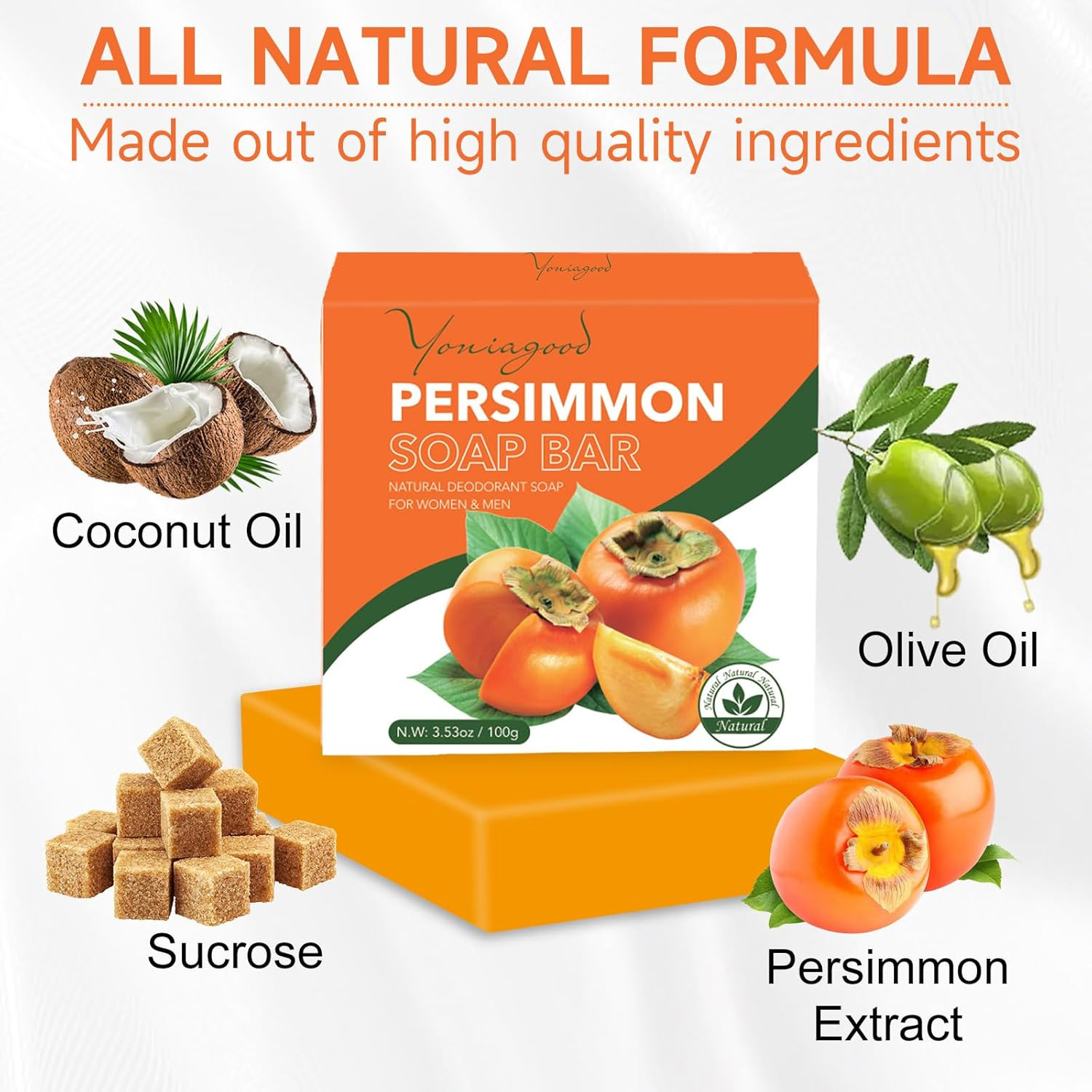 Yoniagood 3 PCS Persimmon Soap Bar for Body Odor Control,Natural Refreshing Body