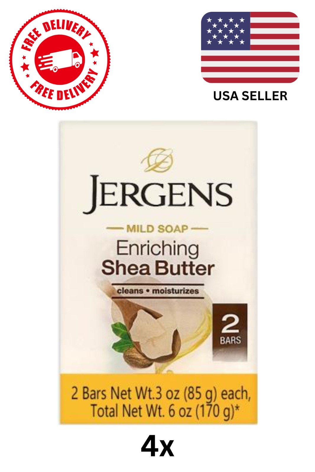 (Lot Of 4) Jergens Mild Soap. Enriching Shea Butter, 8 Bars Total, 3 Oz Each, FS