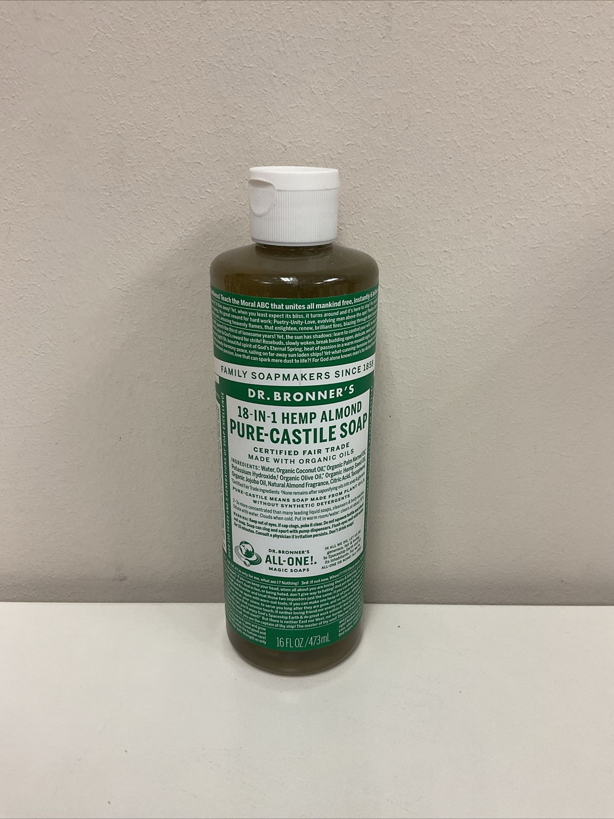 Sealed Dr Bronner’s 18-In-1 Hemp Almond Pure-Castile Soap 16fl oz 473ml
