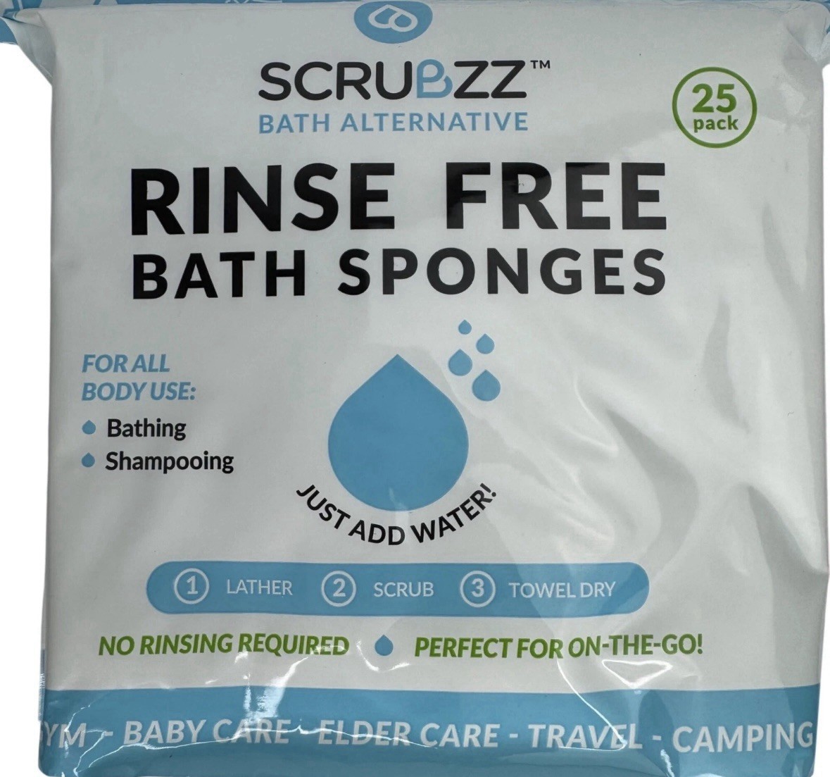 SCRUBZZ Rinse-Free Bathing Sponges Just Add Water Baby Elderly Care Lot-75 Total