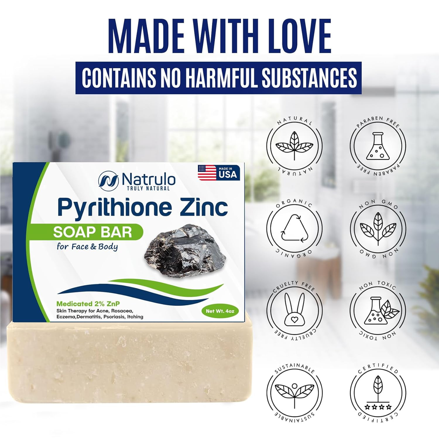 Pyrithione Zinc Soap Bar for Face & Body, 4Oz | Medicated 2% Znp Bar Soap Skin T