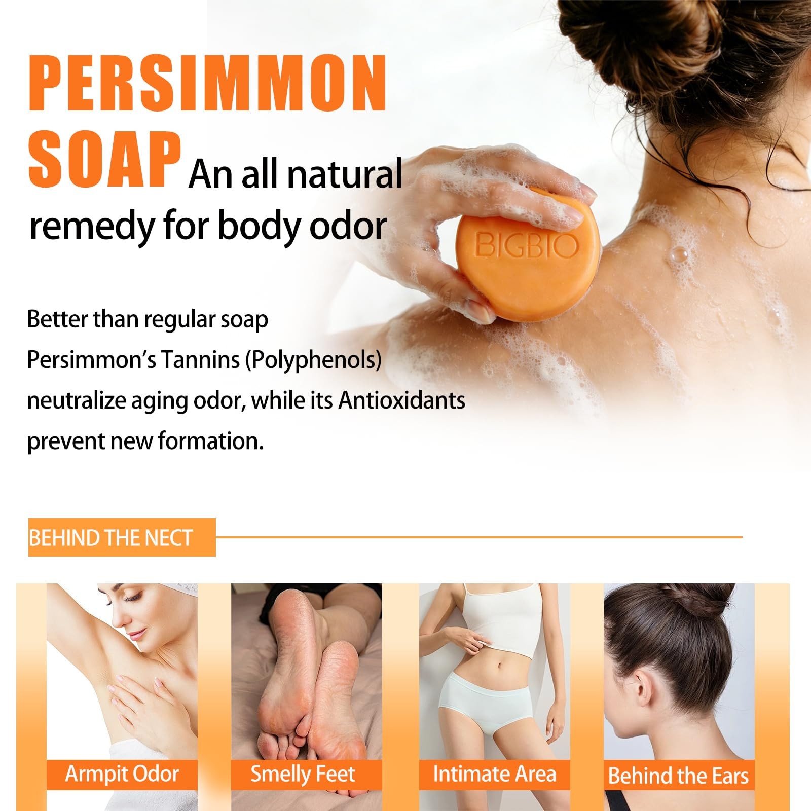 3 Pcs Persimmon Soap Bar for Body Odor Control, Natural Deodorant Body Bar So…