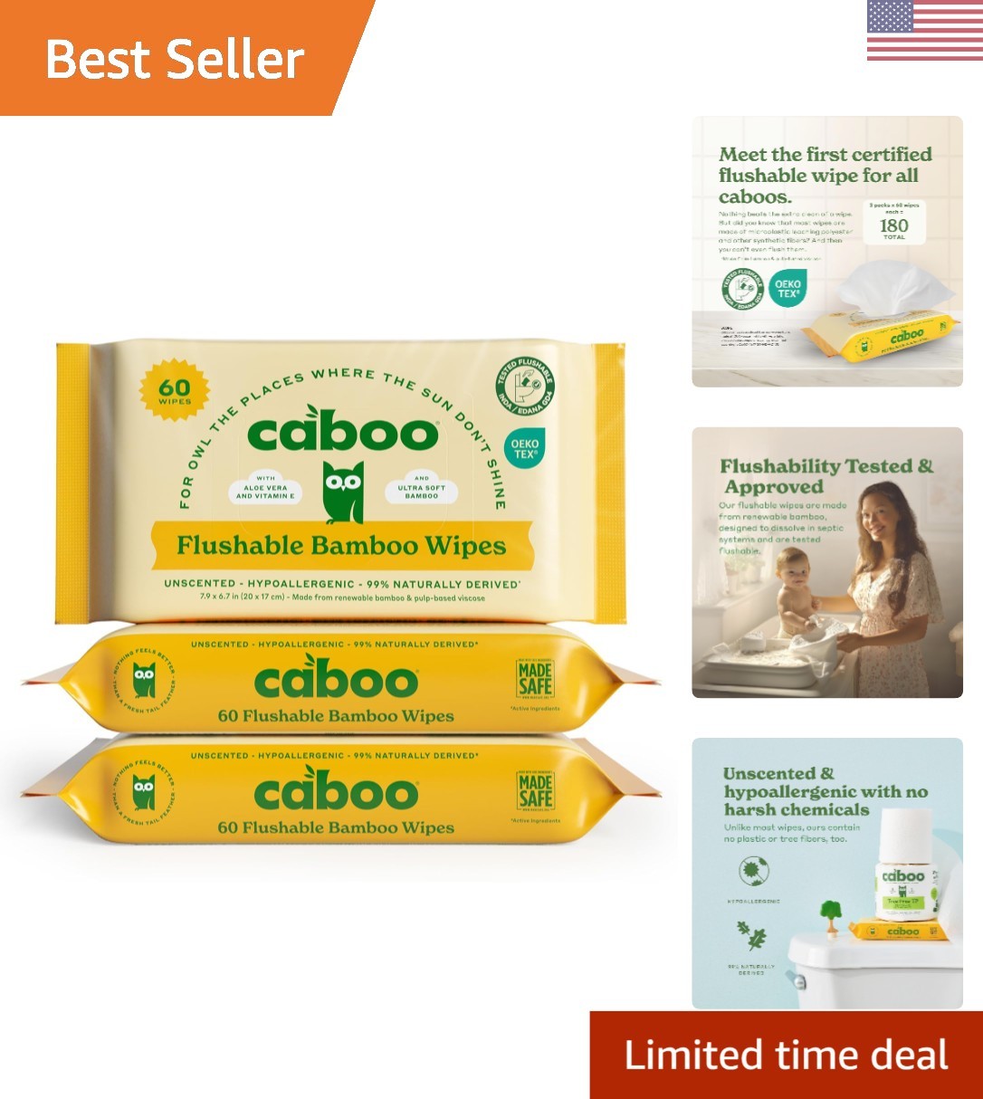 180 Count Certified Flushable Wipes – Chemical-Free & Eco-Friendly Bamboo Care