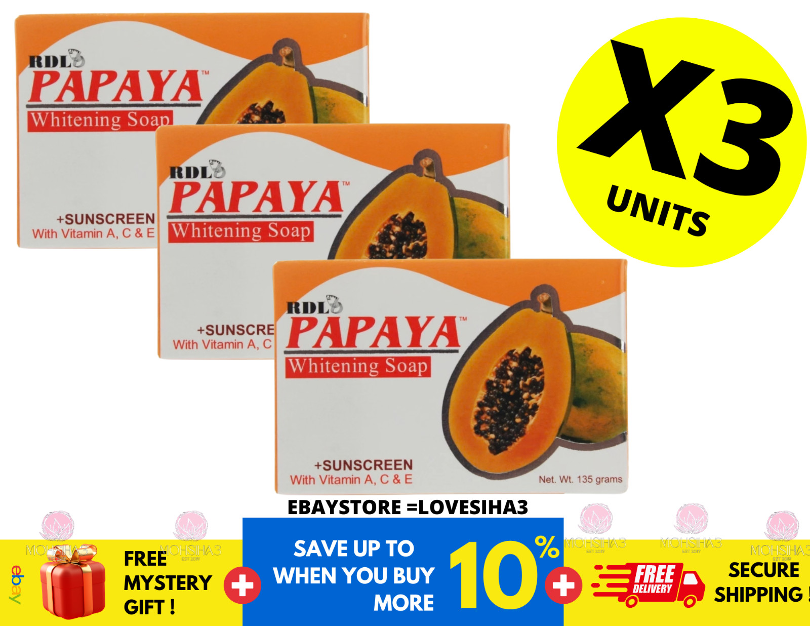 RDL Papaya Whitening Soap Sunscreen With Vitamin A C & E 135g ( X 3 )