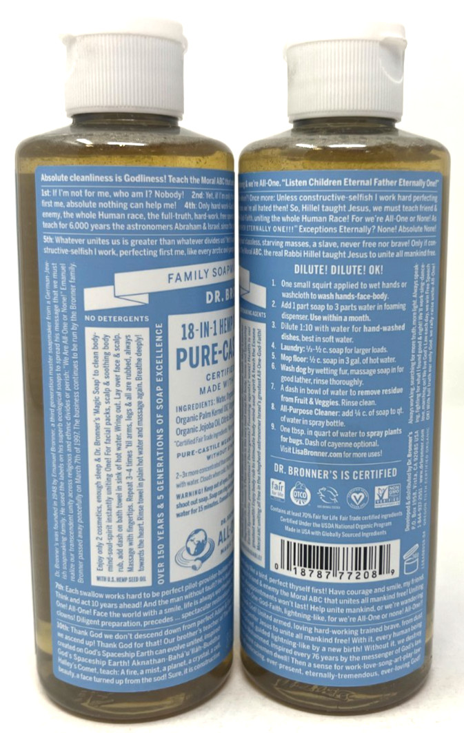 (2) Dr. Bronner’s 18-In-1 Hemp Baby Unscented Pure-Castile Soap Sealed 8 fl oz