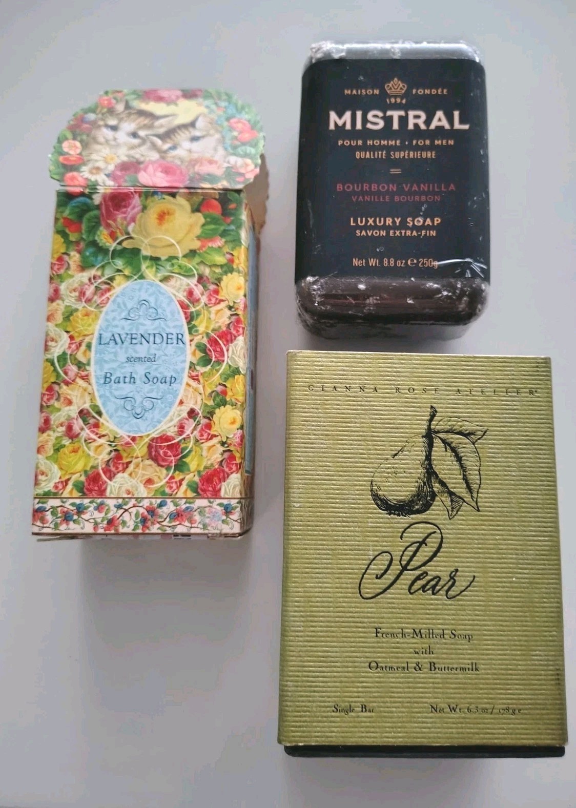 3 Fragrant Luxury Bath Soaps: Lavender & Pear For Her, Bourbon Vanilla For Him