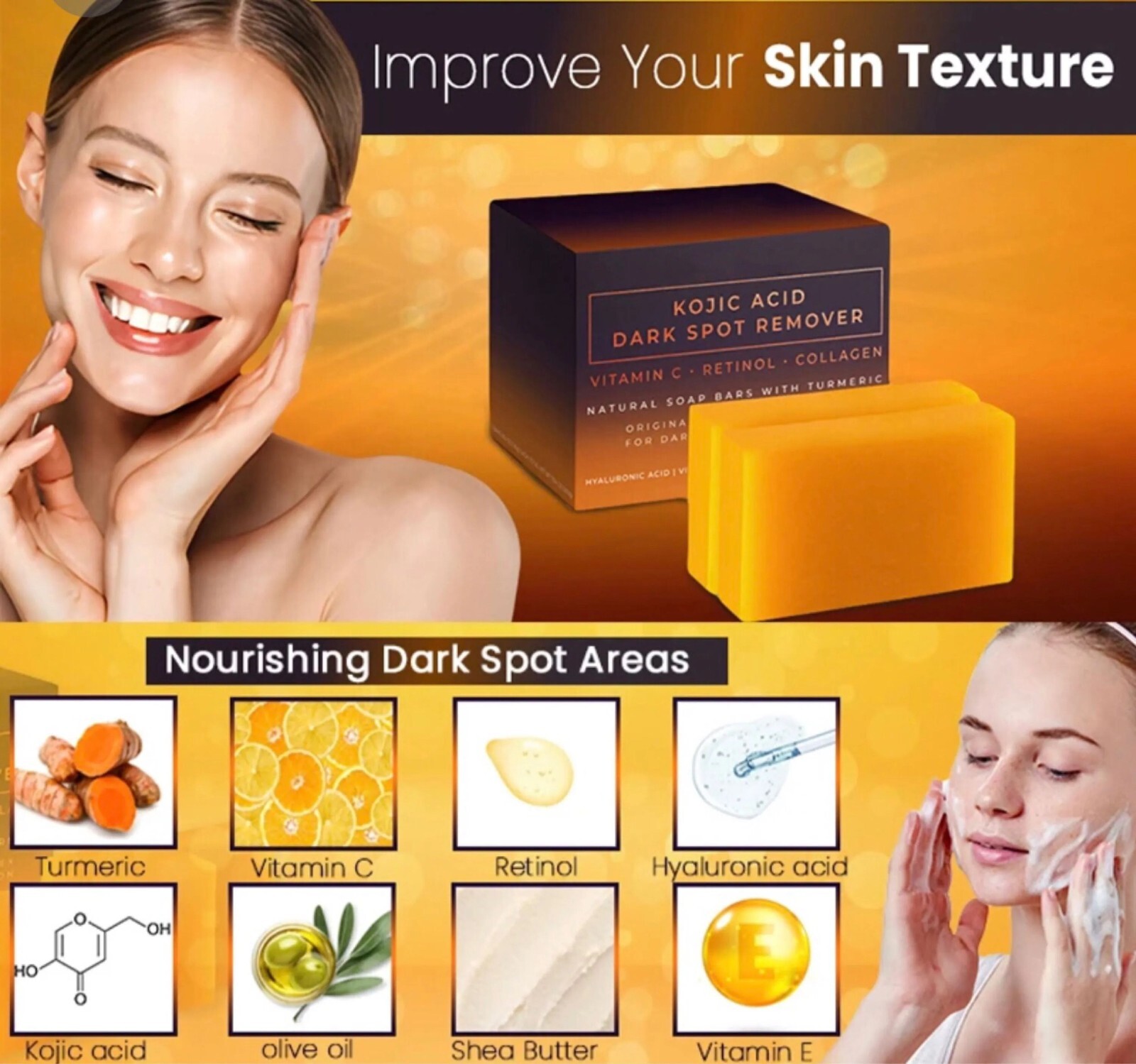 2-Pack Kojic Acid Soap Bars – Dark Spot Remover w/ Vitamin C, Retinol & Collagen