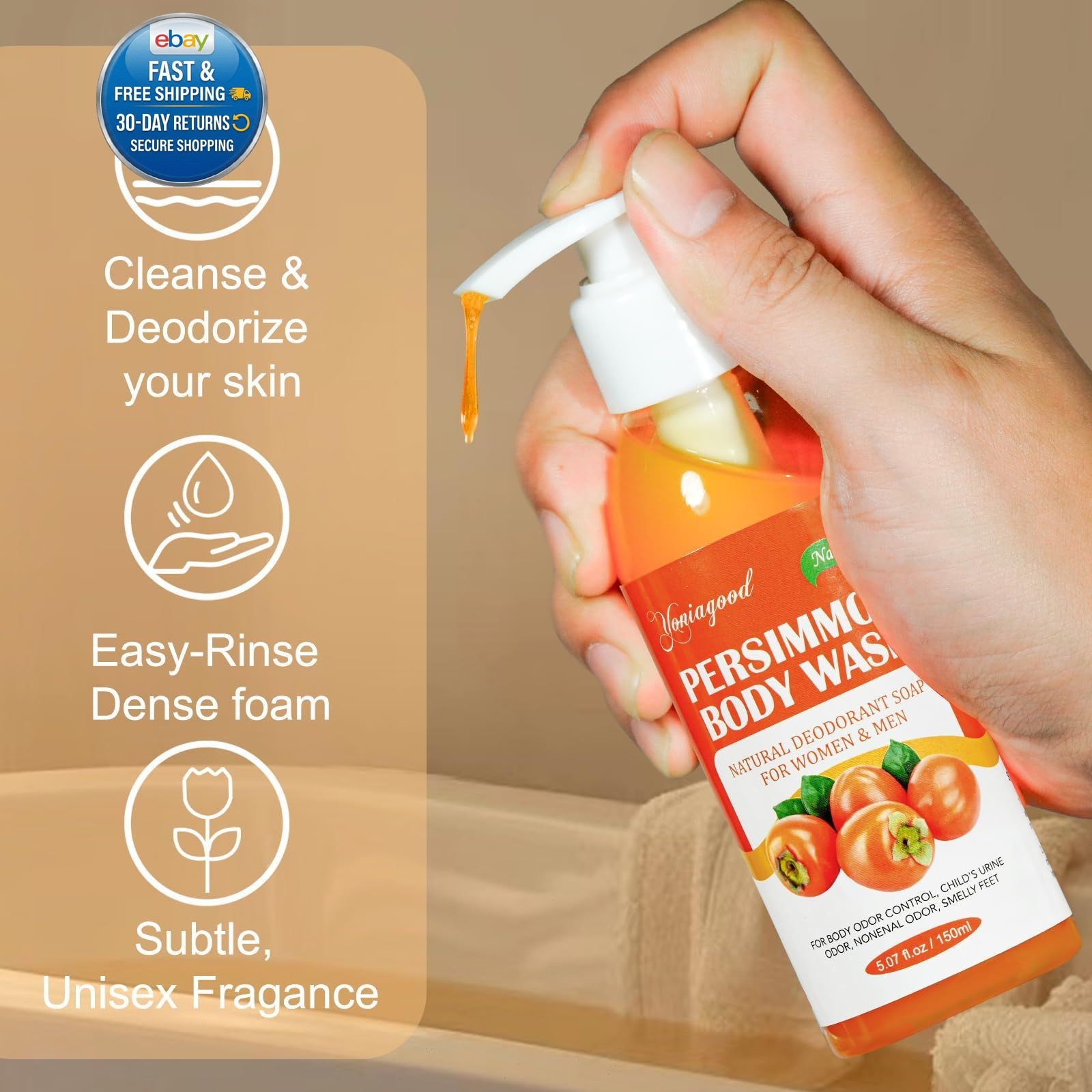 2 PCS Persimmon Body Wash for Strong Odor 5.07 Fl Oz (Pack of 2)