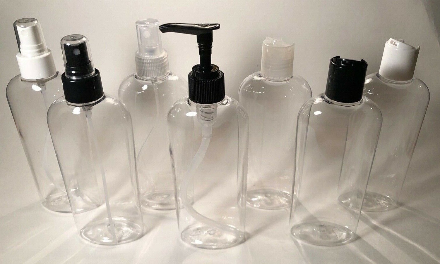 8 oz PET Plastic BPA Free 24/410 Clear Cosmo Oval Bottles caps pumps sprayers