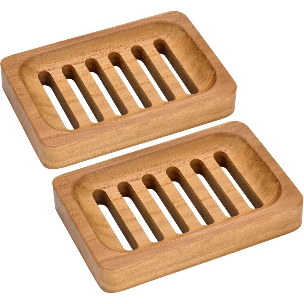 Teak Wood Soap Dish, 2 Pack Waterproof Self Draining Soap Dish – Natural Wooden