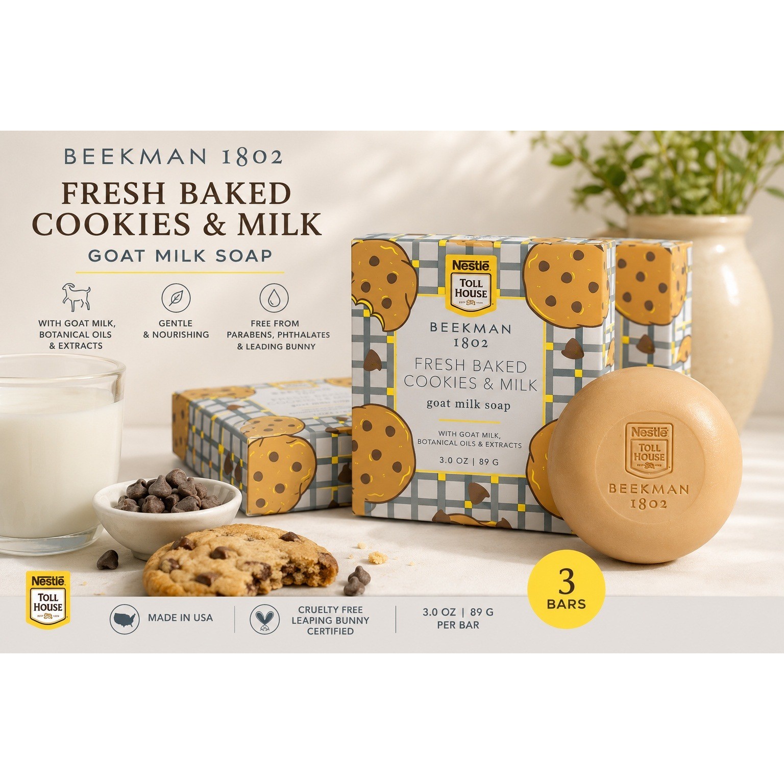 Beekman 1802 x Nestle Toll House Cookies & Milk Goat Milk Soap 3.0oz 3-Pack New