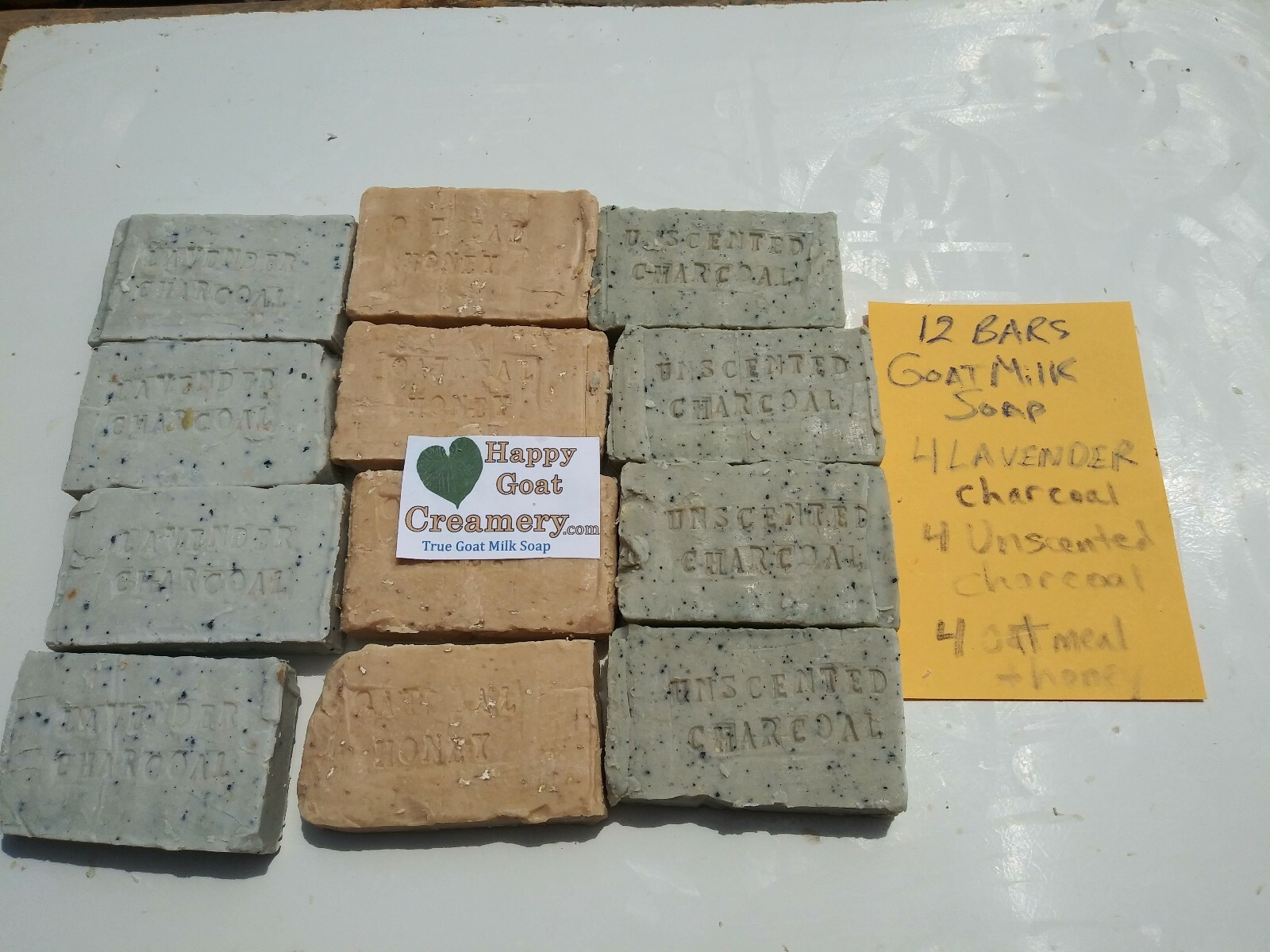 12 BARS GOAT MILK SOAP 4 LAVENDER CHARCOAL 4 OAT & HONEY 4 UNSCENTED CHARCOAL