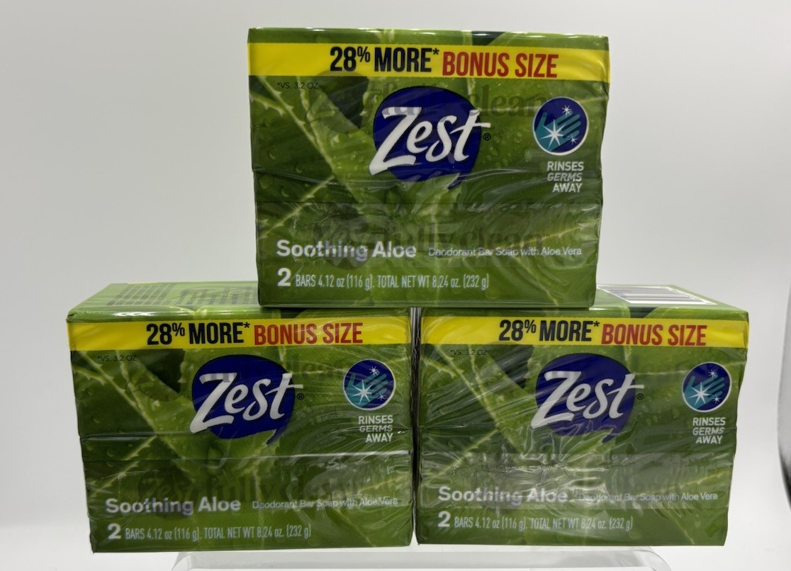 Zest Soothing Aloe, Deodorant Bar Soap With Aloe Vera Lot Of 3 2 Pk = 6 Total