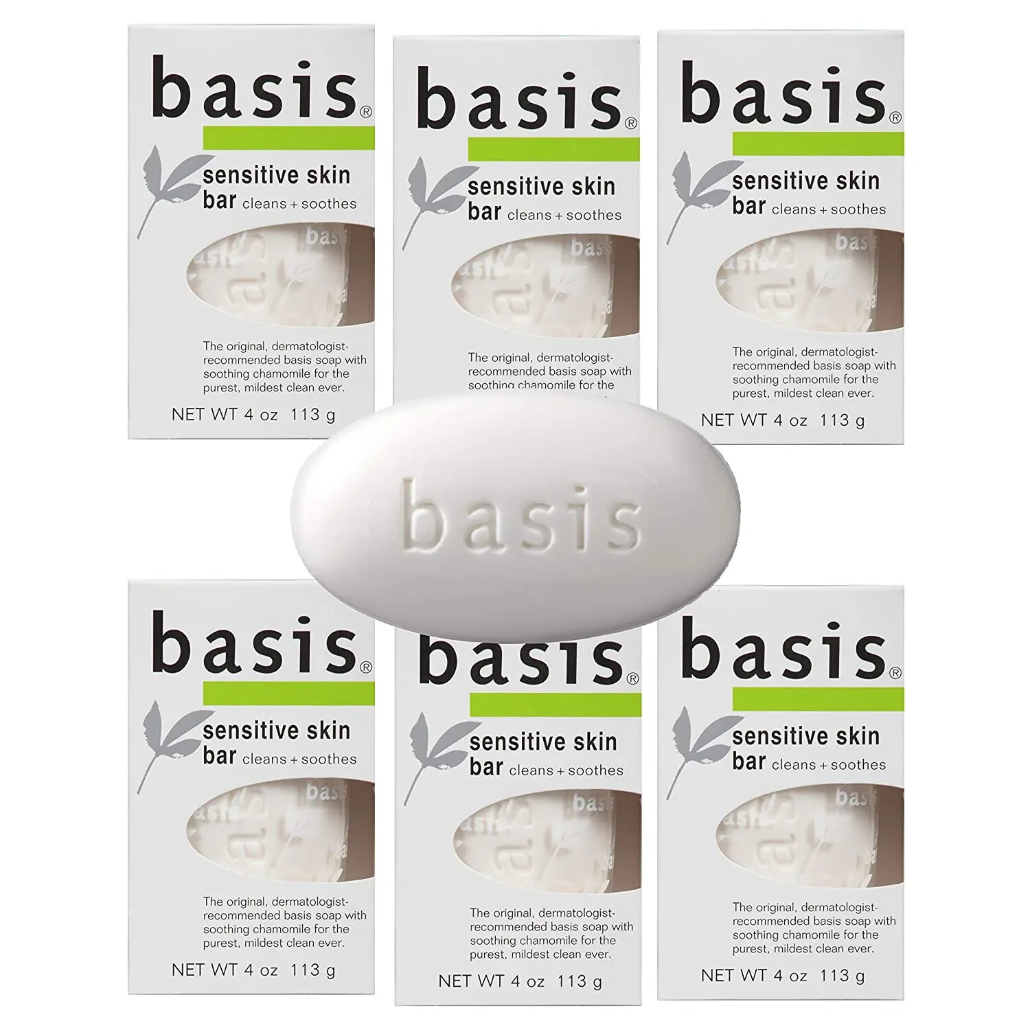 Basis Sensitive Skin Bar Soap – Cleans and Soothes with Chamomile – Pack of 6