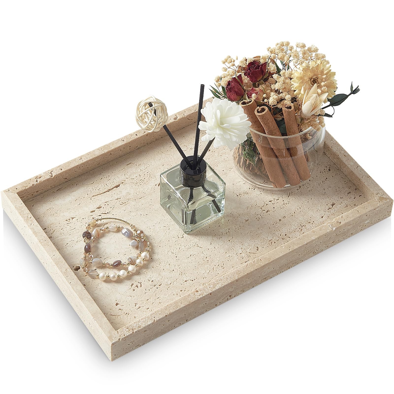 MULWR Travertine Tray,Bathroom Vanity Tray Non-Ceramic/Non-Resin,Marble Perfume