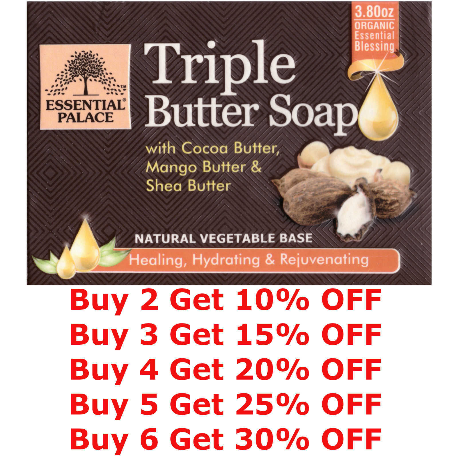 Organic Triple Butter Soap Healing Hydrating Rejuvenating Vegetable Base 3.80 OZ
