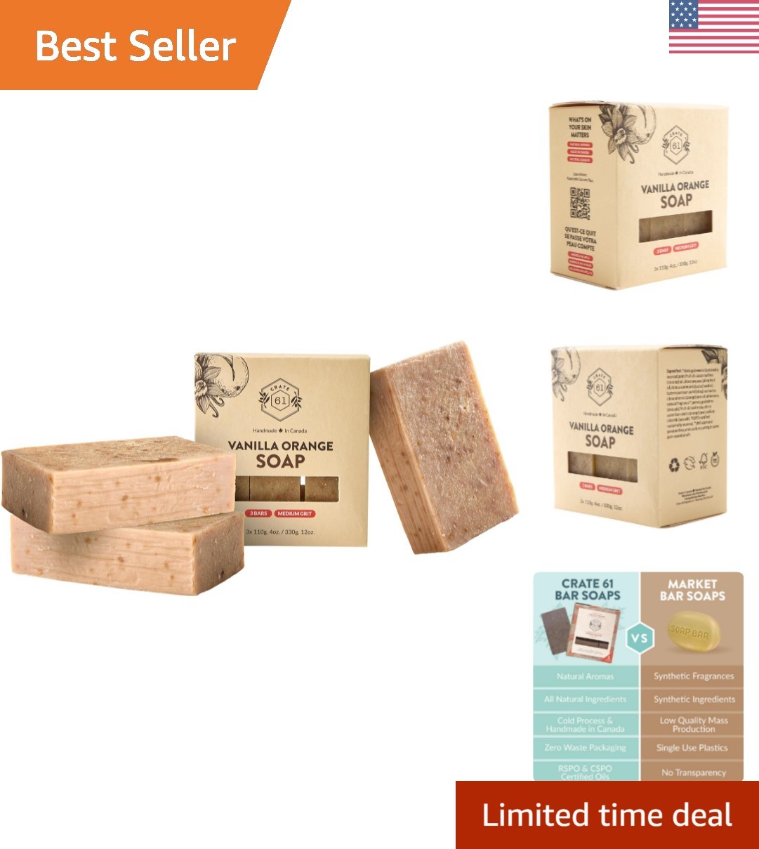 Luxurious Plant-Based Bar Soap – 3-Pack with Essential Oils, Vanilla Orange