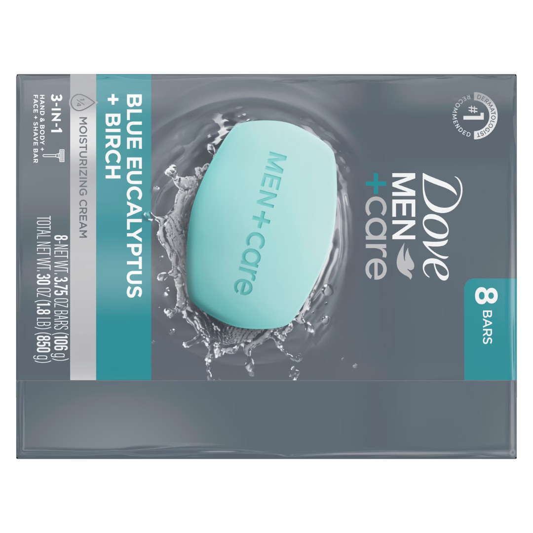 (2 Pack Combo) Dove Men Care 3-in-1 Soap Bar Blue Eucalyptus 3.75oz, 8 Pack Lot