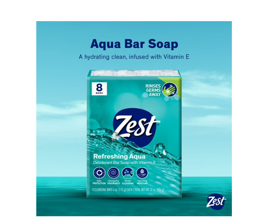 Zest Deodorant Bar Soap, Hydrating Moisture for All Skin Types, Aqua, 4 oz, 4PK