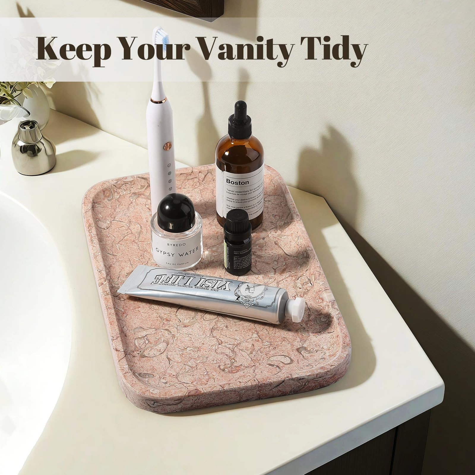 Koville Marble Tray, 12″x8″ Natural Marble Vanity Tray for Countertop Bathroom K