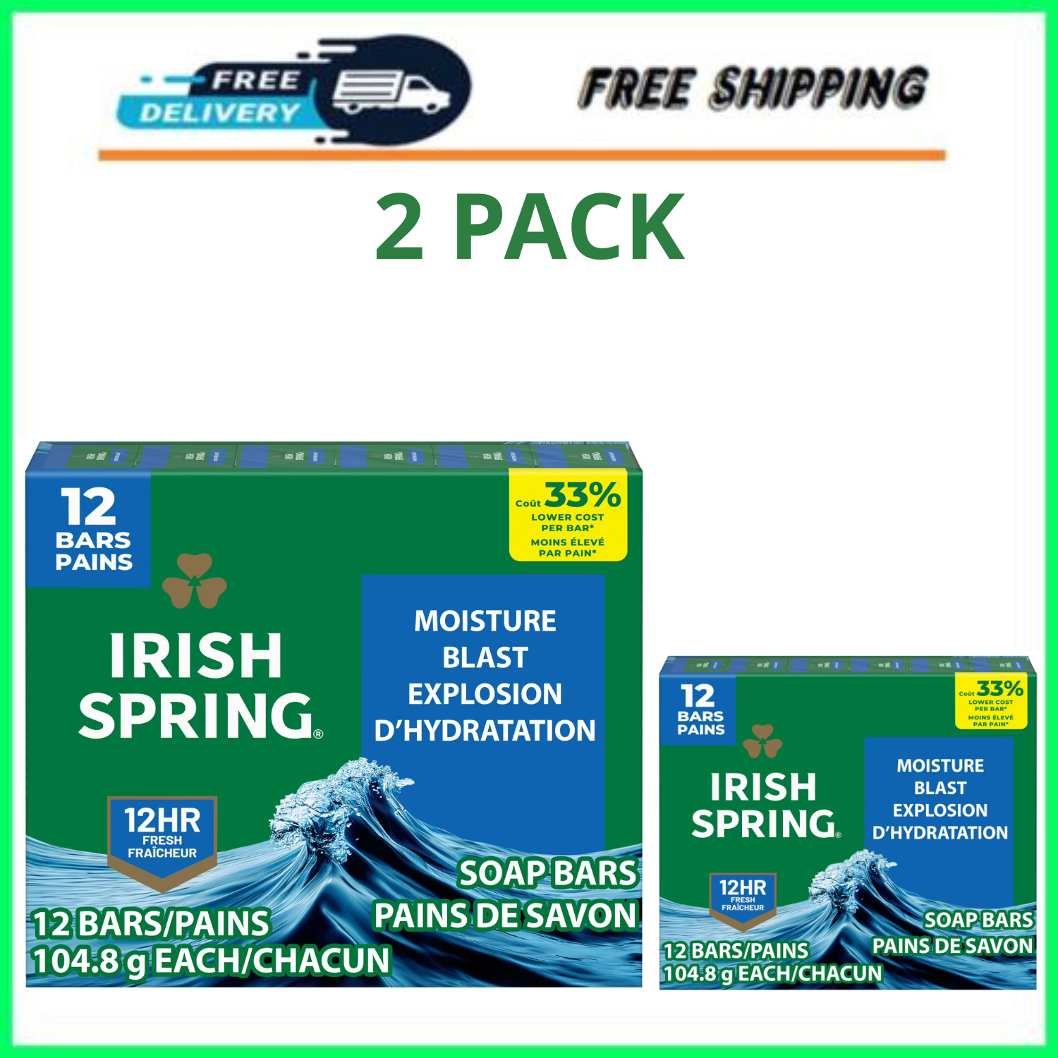 Irish Spring Moisture Blast Deodorant Bar Soap for Men, 3.7 oz Bar ( 12 Pack )
