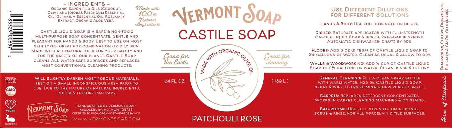 Castile Soap Patchouli Rose 64 Oz Sensitive Skin Oily Hair For Men & Women