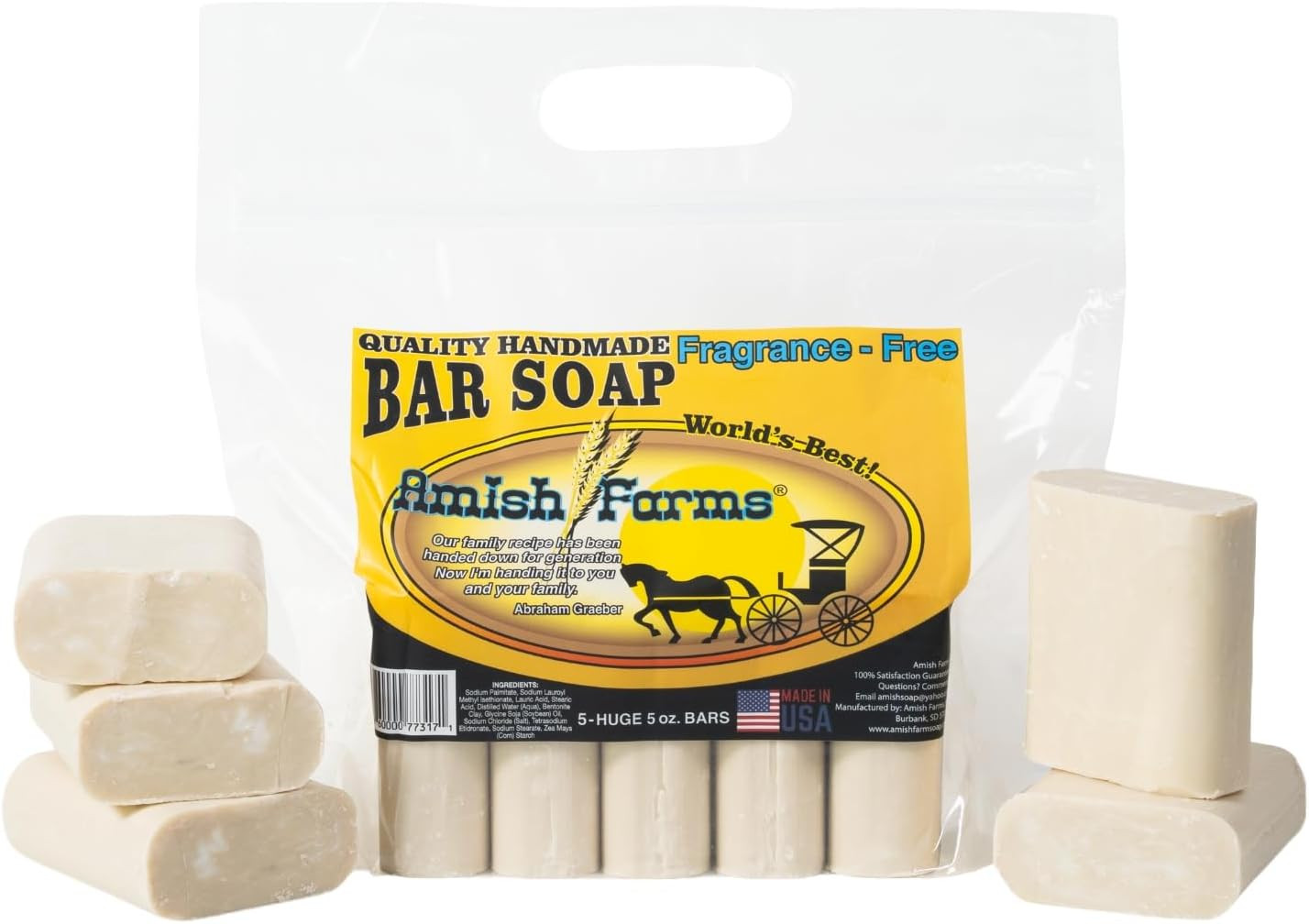 Amish Farms Fragrance Free Bar Soap with Bentonite Clay 5 Oz Bars (5 Pack) Vegan