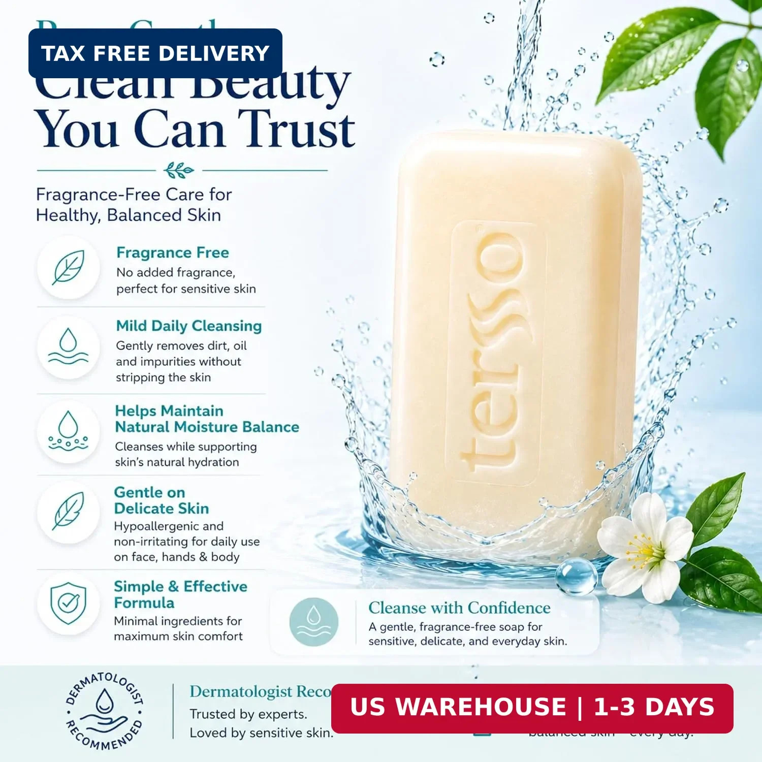 Tersso Hypoallergenic Neutral Soap Bar 120 g 3 Pack for Sensitive Skin, Gentle F