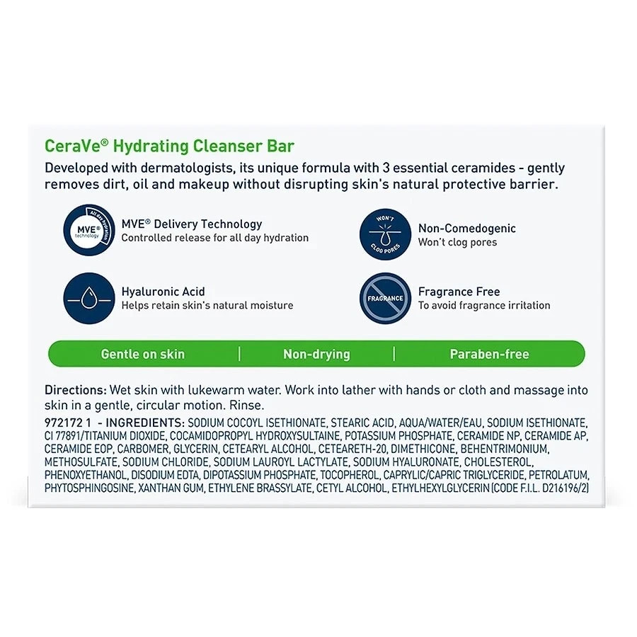 CeraVe Hydrating Cleanser Bar, Soap-Free Body 3-Pack, 4.5 Ounce Each