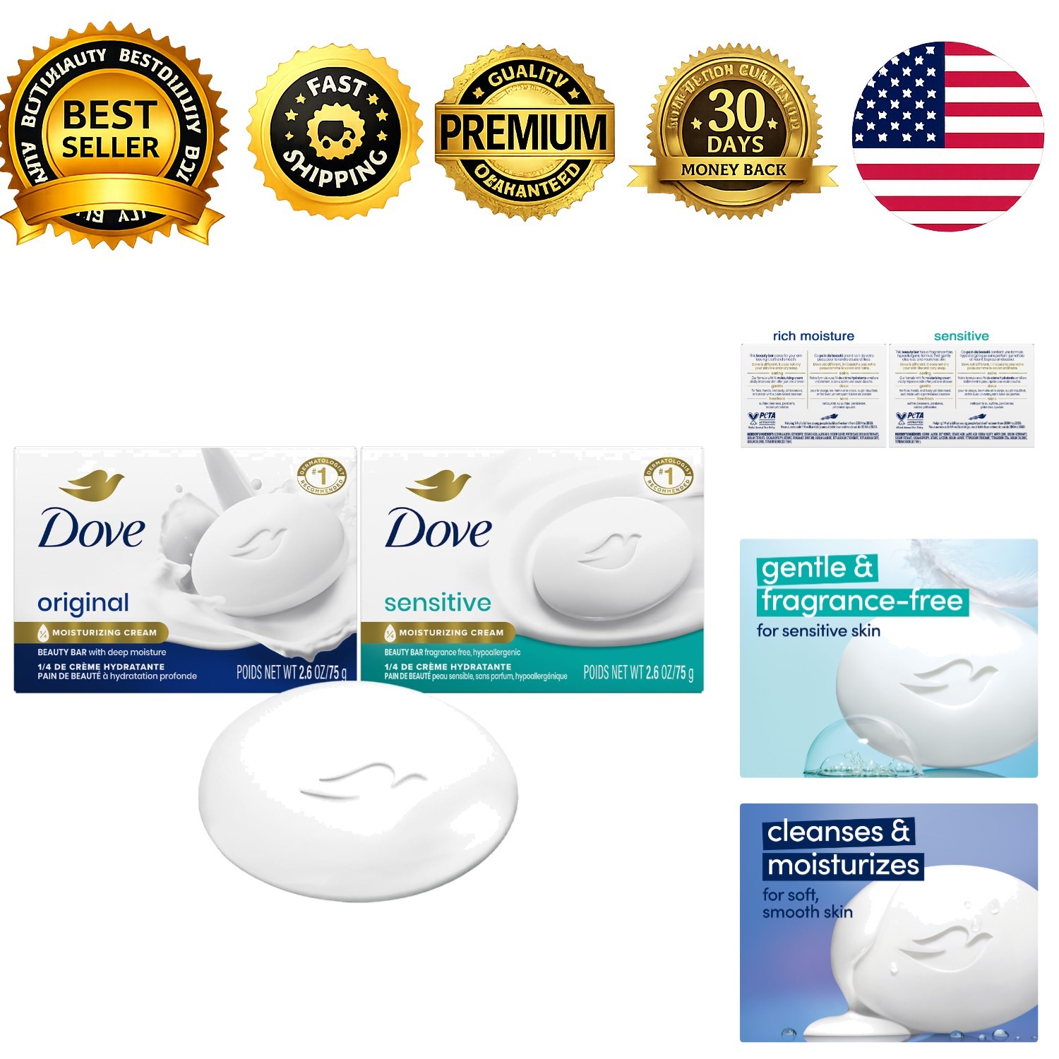 Dove Beauty Bar Sensitive Moisturizing Soap 2 Pack 2.6 oz Each