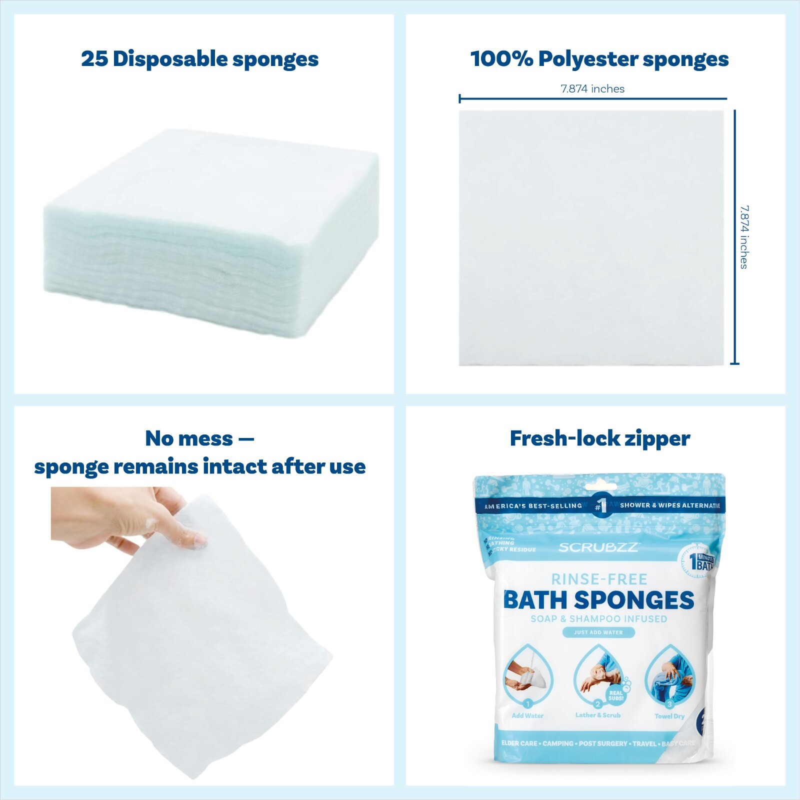 Scrubzz Disposable Rinse Free Bathing Sponges – Unscented, 200 Count