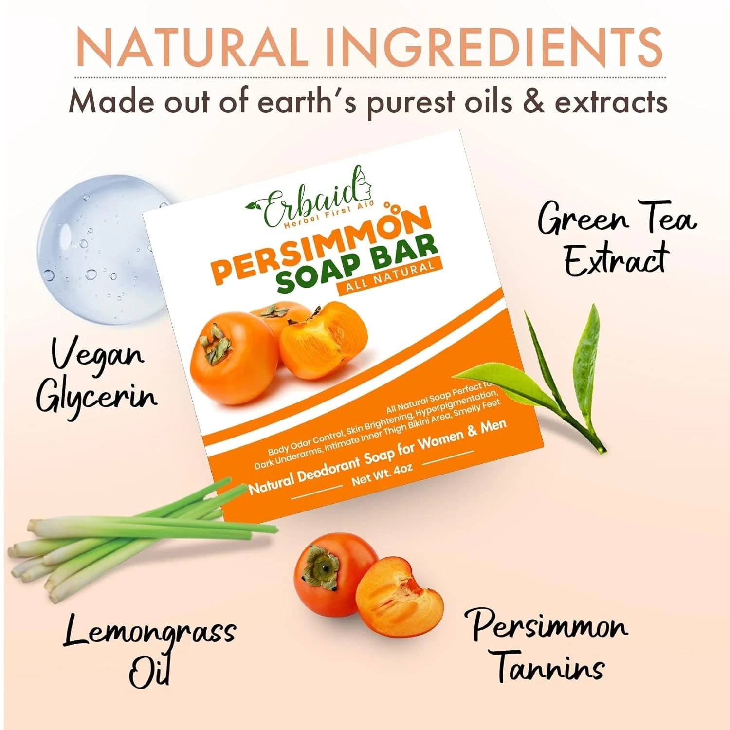 Persimmon Soap Bar Body Odor Control Deodorant Soap for Men & Women