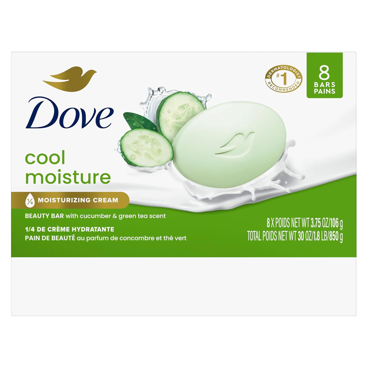 Dove Cool Moisture Beauty Soap 8 Count Refreshing Cleanser 3.75 Oz Moisturizing