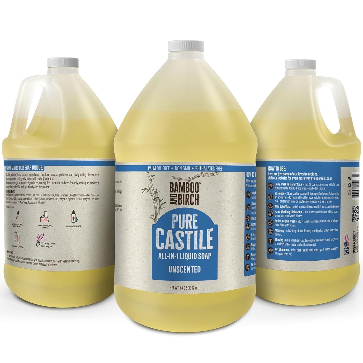 Pure Castile Soap Liquid Organic, Certified Palm 32 FL OZ or 64 Fl Oz Unscented