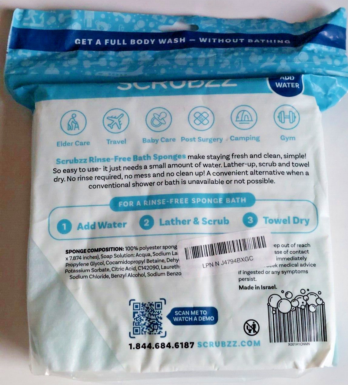 Scrubzz Disposable Rinse Free Bathing Wipes – 25 Pack All-in-1 Single Use Shower