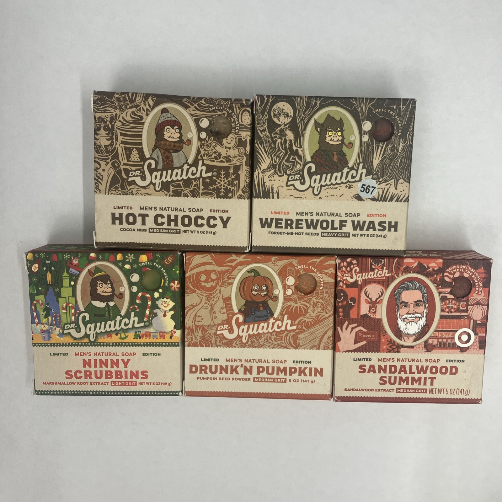 Dr. Squatch Soap Lot 5 Scents Multi Grit- Werewolf Sandalwood Ninny Scrubbins