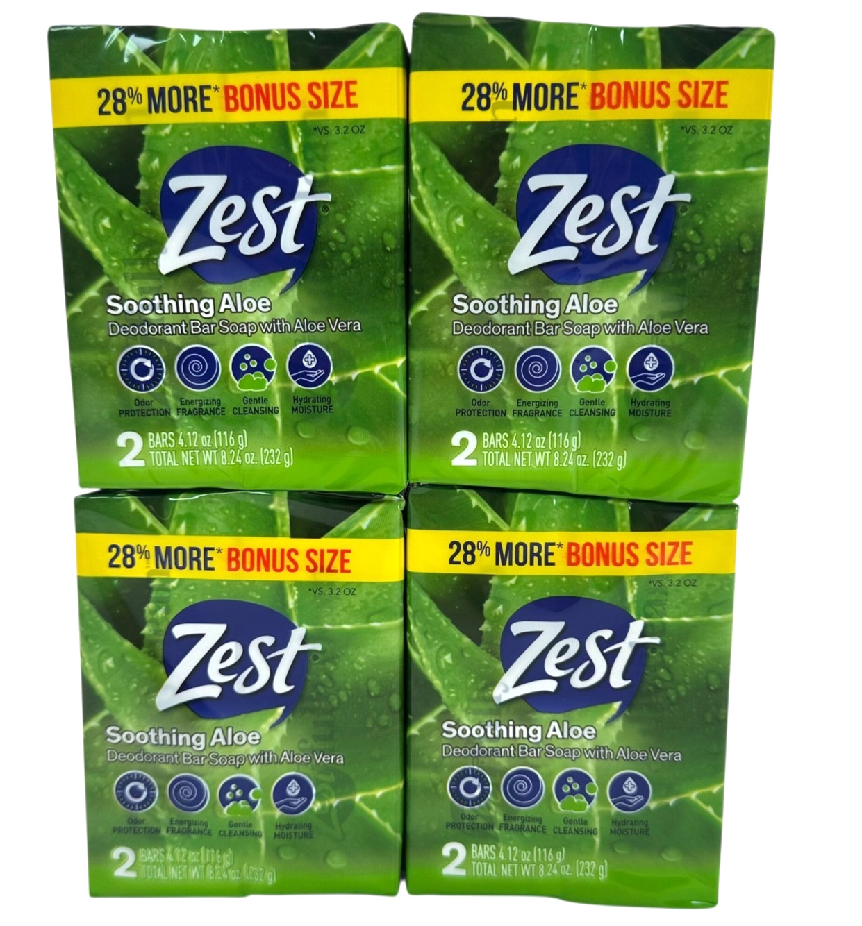 Zest Soap 4 x 2 Pack Soothing Aloe Vera 8 Bars Total 4.12 Oz Each Deodorant