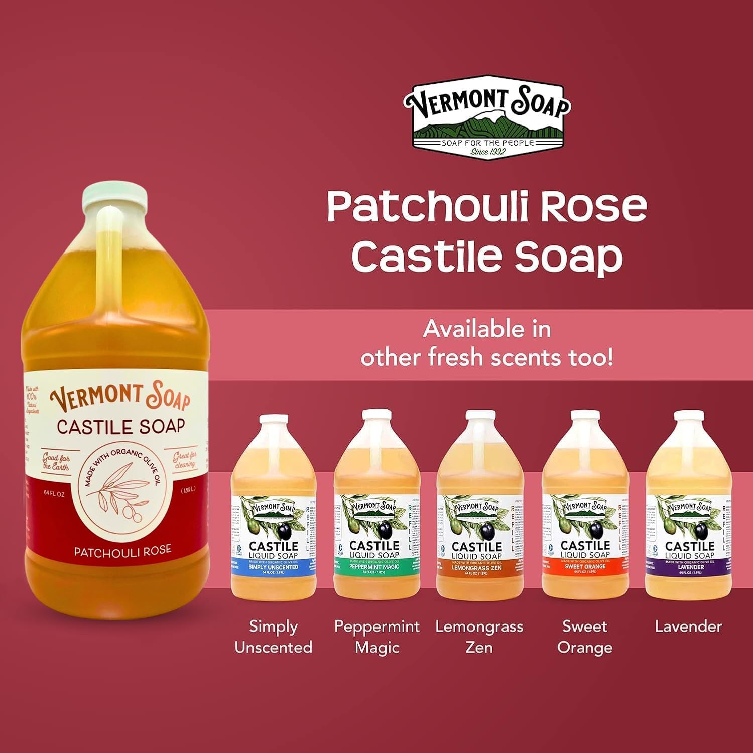 Castile Soap Patchouli Rose 64 Oz Sensitive Skin Oily Hair For Men & Women