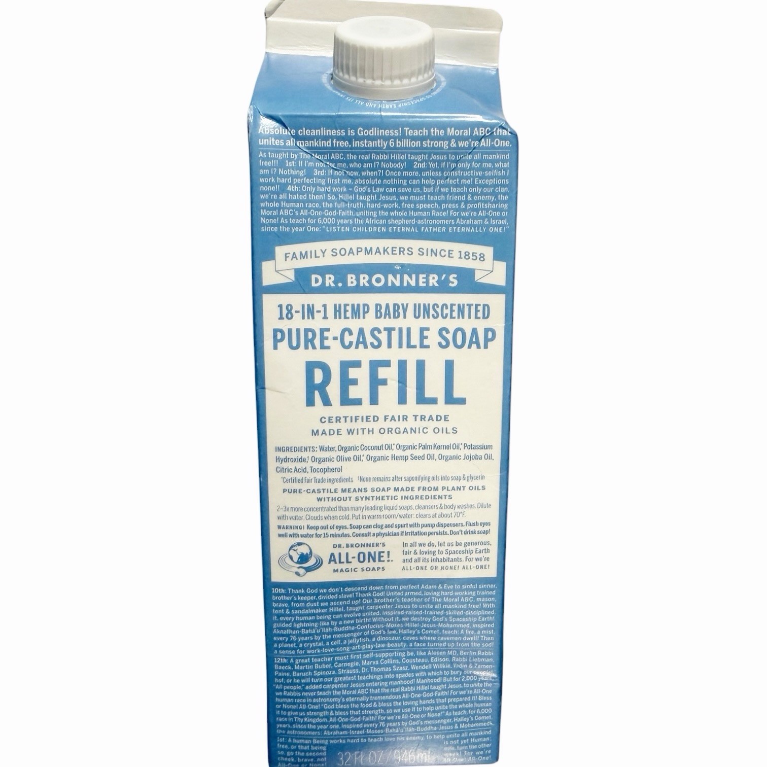 Dr. Bronner’s 18 in 1 Hemp Baby Unscented Pure Castile Soap Refill 32 fl oz NEW
