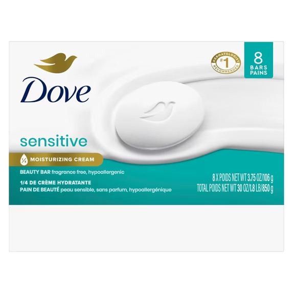 Dove Sensitive Skin Beauty Bar Soap 8 Pack Fragrance Free Hypoallergenic